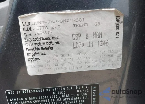 2013 Volkswagen Jetta 2.0L S из США, поврежденный, VIN 3VW2K7AJ7DM213501